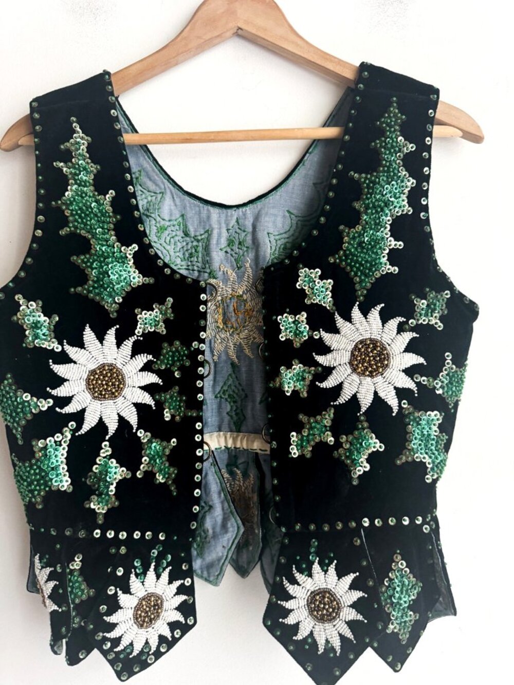 Vintage Handmade Polish Polk Goralski Costume Vest Velvet Beaded Floral S